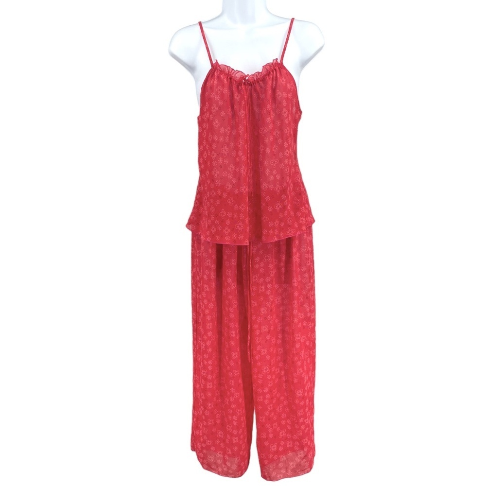Josie Natori Ruffled Floral Pajama Set, Capri Pants/Camisole, Coral, Size M